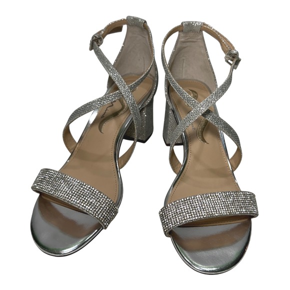Nina Shoes - Nina Women's Silver‎ Glitter Block Heel Sandals Sparkle Ankle Strap Shoes 7W